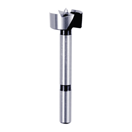Studio shot of the Diablo 1 inch Forstner bit angled diagonally, highlighting the 3/8 inch shank and sharp center spur for precision drilling.