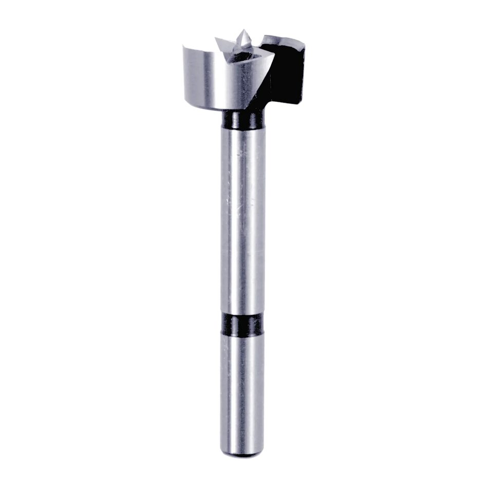 Studio shot of the Diablo 1 inch Forstner bit angled diagonally, highlighting the 3/8 inch shank and sharp center spur for precision drilling.