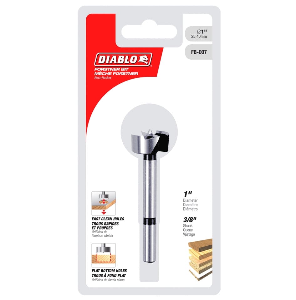 Retail packaging for the Diablo 1 inch Forstner bit, featuring a hanging card with diagrams showing flat bottom hole capabilities and size specifications.