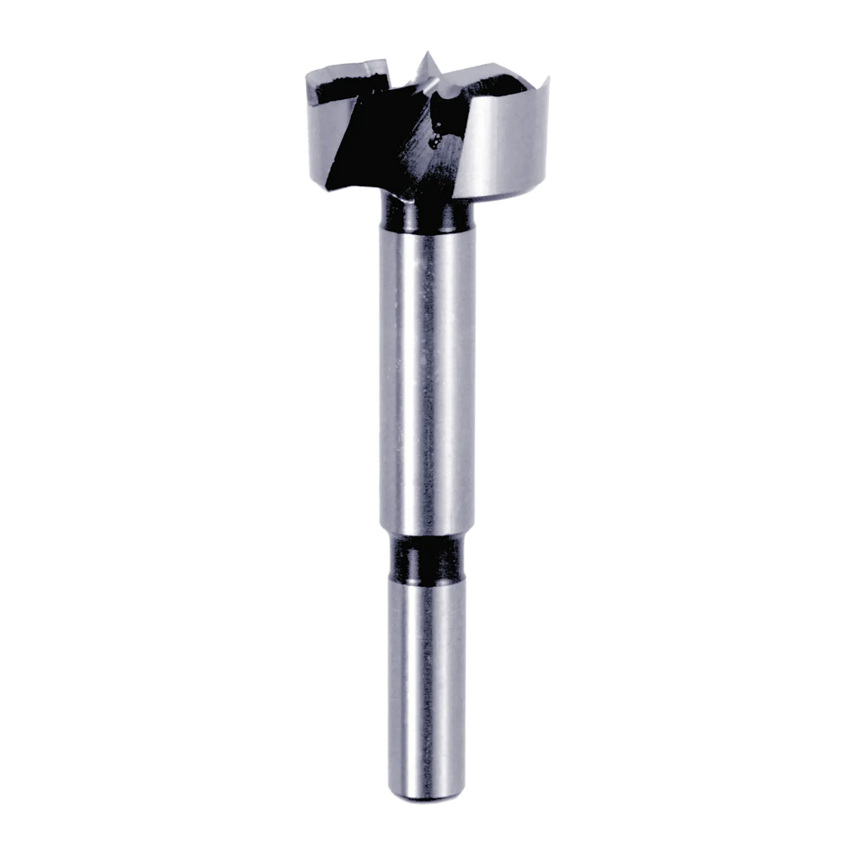 Studio shot of the Diablo 1-1/8 inch Forstner bit angled diagonally, highlighting the 3/8 inch shank and sharp center spur for precision drilling.