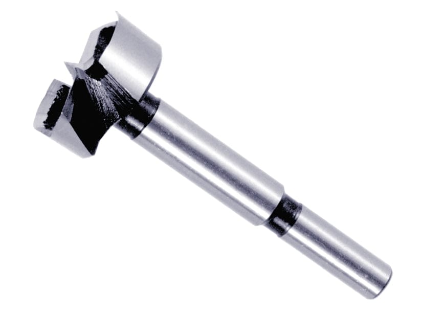 Studio shot of the Diablo 1-1/4 inch Forstner bit angled diagonally, highlighting the 3/8 inch shank and sharp center spur for precision drilling.
