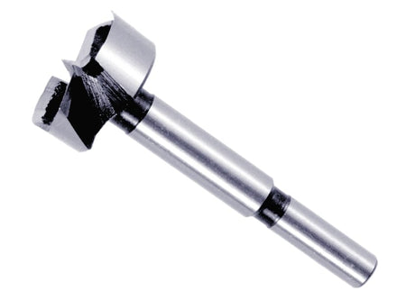 Studio shot of the Diablo 1-1/4 inch Forstner bit angled diagonally, highlighting the 3/8 inch shank and sharp center spur for precision drilling.