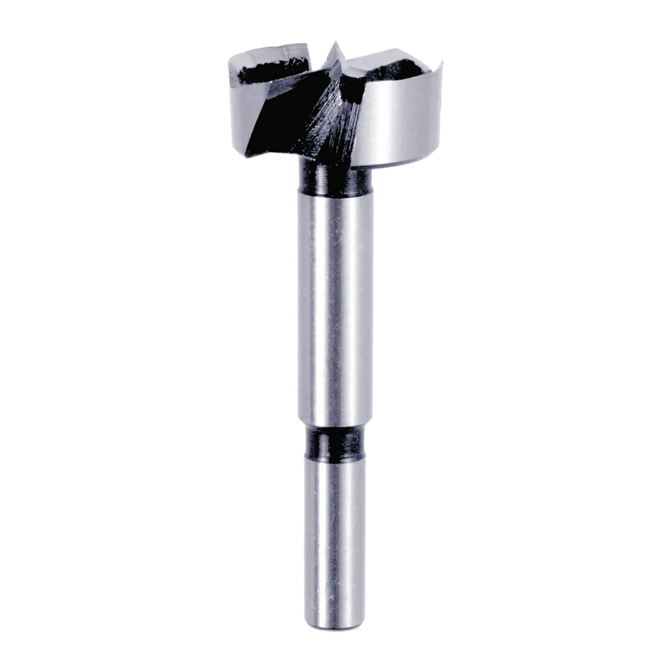 Studio shot of the Diablo 1-1/4 inch Forstner bit angled diagonally, highlighting the 3/8 inch shank and sharp center spur for precision drilling.