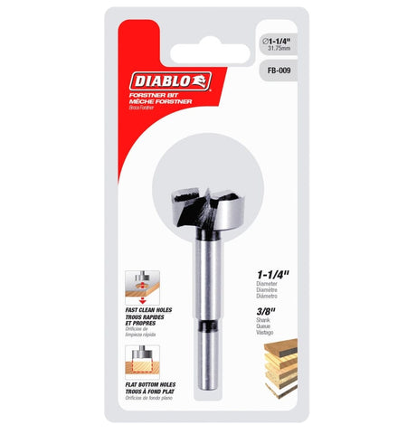 Retail packaging for the Diablo 1-1/4 inch Forstner bit, featuring a hanging card with diagrams showing flat bottom hole capabilities and size specifications.