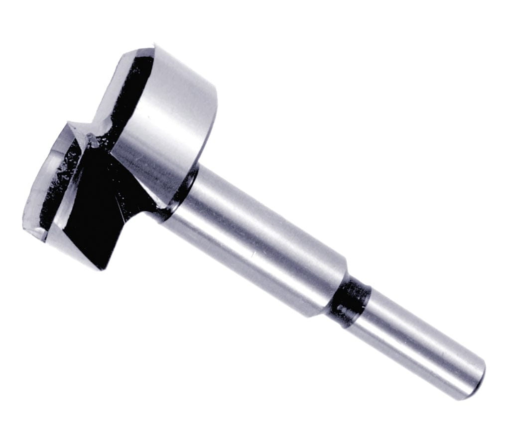 Studio shot of the Diablo 1-5/8 inch Forstner bit angled diagonally, highlighting the 3/8 inch shank and sharp center spur for precision drilling.