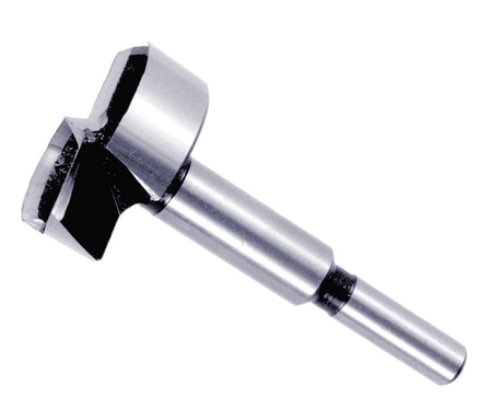 Studio shot of the Diablo 1-5/8 inch Forstner bit angled diagonally, highlighting the 3/8 inch shank and sharp center spur for precision drilling.