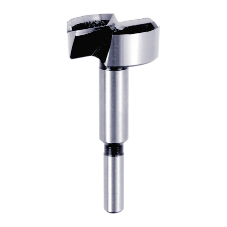 Studio shot of the Diablo 1-5/8 inch Forstner bit angled diagonally, highlighting the 3/8 inch shank and sharp center spur for precision drilling.