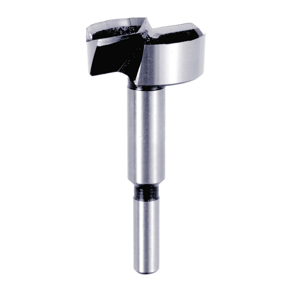 Studio shot of the Diablo 1-5/8 inch Forstner bit angled diagonally, highlighting the 3/8 inch shank and sharp center spur for precision drilling.