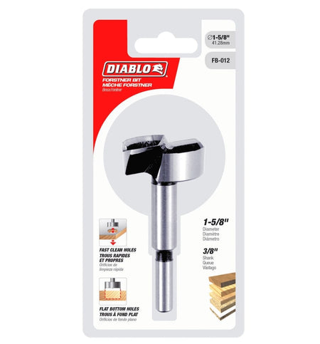 Retail packaging for the Diablo 1-5/8 inch Forstner bit, featuring a hanging card with diagrams showing flat bottom hole capabilities and size specifications.