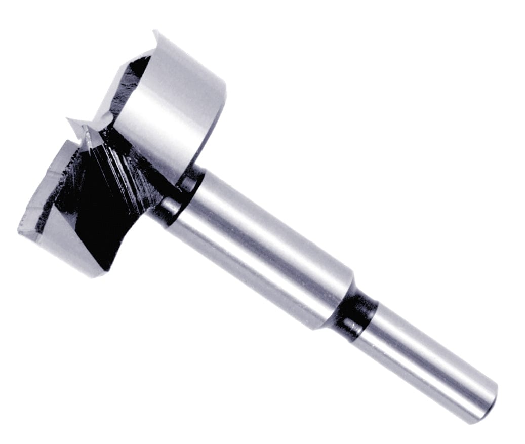 Studio shot of the Diablo 1-3/4 inch Forstner bit angled diagonally, highlighting the 3/8 inch shank and sharp center spur for precision drilling.