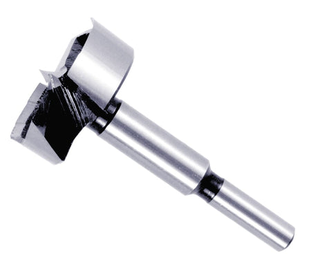 Studio shot of the Diablo 1-3/4 inch Forstner bit angled diagonally, highlighting the 3/8 inch shank and sharp center spur for precision drilling.