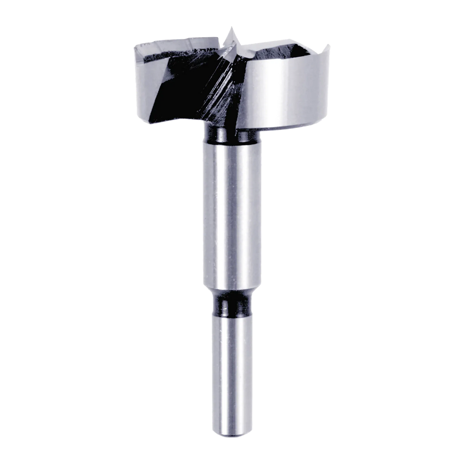 Studio shot of the Diablo 1-3/4 inch Forstner bit angled diagonally, highlighting the 3/8 inch shank and sharp center spur for precision drilling.