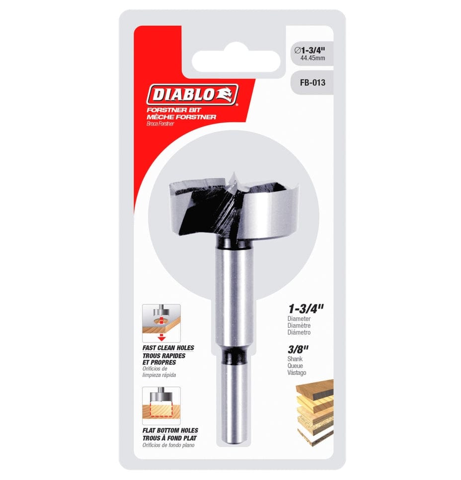 Retail packaging for the Diablo 1-3/4 inch Forstner bit, featuring a hanging card with diagrams showing flat bottom hole capabilities and size specifications.