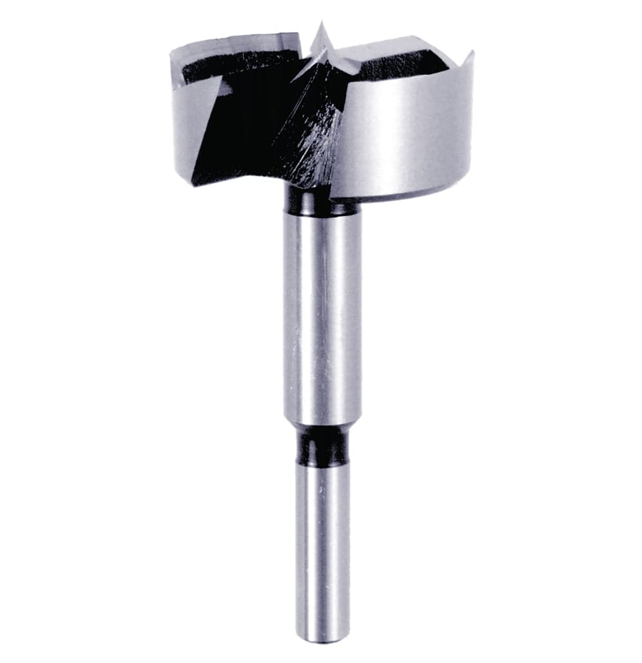 Studio shot of the Diablo 2-inch high speed steel Forstner bit standing upright, showcasing the 3/8 inch round shank, double-ground serrated rim, and sharp center spur.