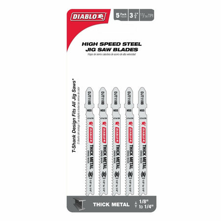 Pack of Diablo high speed steel jig saw blades for thick metal on a white background