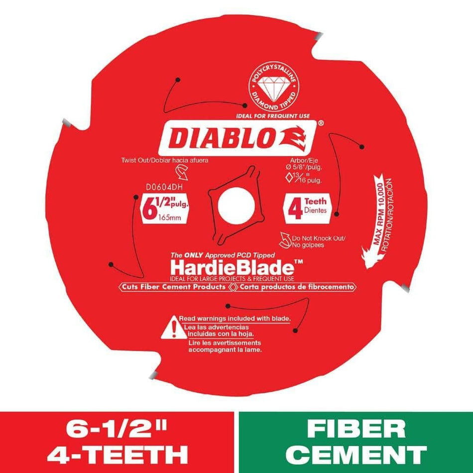 The Diablo D0604DH HardieBlade, a 6-1/2 inch, 4-tooth saw blade for fiber cement. The red blade features Polycrystalline Diamond (PCD) tipped teeth, with text boxes below highlighting its size and application