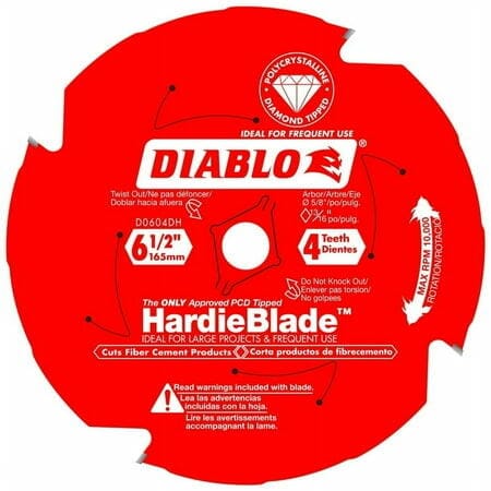 A detailed, top-down view of the Diablo D0604DH HardieBlade. The 6-1/2 inch, 4-tooth blade is labeled as the "ONLY Approved PCD Tipped" blade for cutting fiber cement products.
