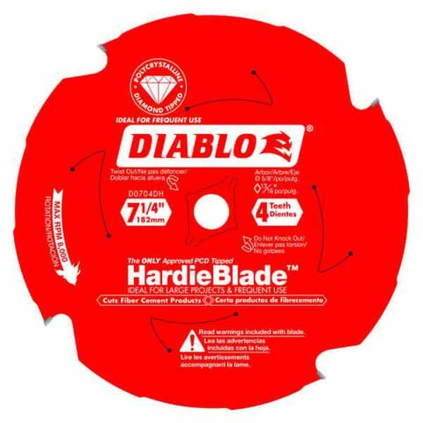  A close-up of the Diablo D0704DHA HardieBlade, a 7-1/4 inch, 4-tooth circular saw blade for fiber cement. The red blade features Polycrystalline Diamond (PCD) tipped teeth and is labeled as "The ONLY Approved PCD Tipped HardieBlade."