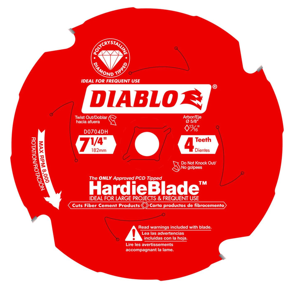 Diablo D0704DHA 7-1/4 inch 4-tooth PCD fiber cement saw blade, James Hardie recommended, with a red non-stick coating, anti-vibration vents, and standard 5/8 inch arbor for circular saws.