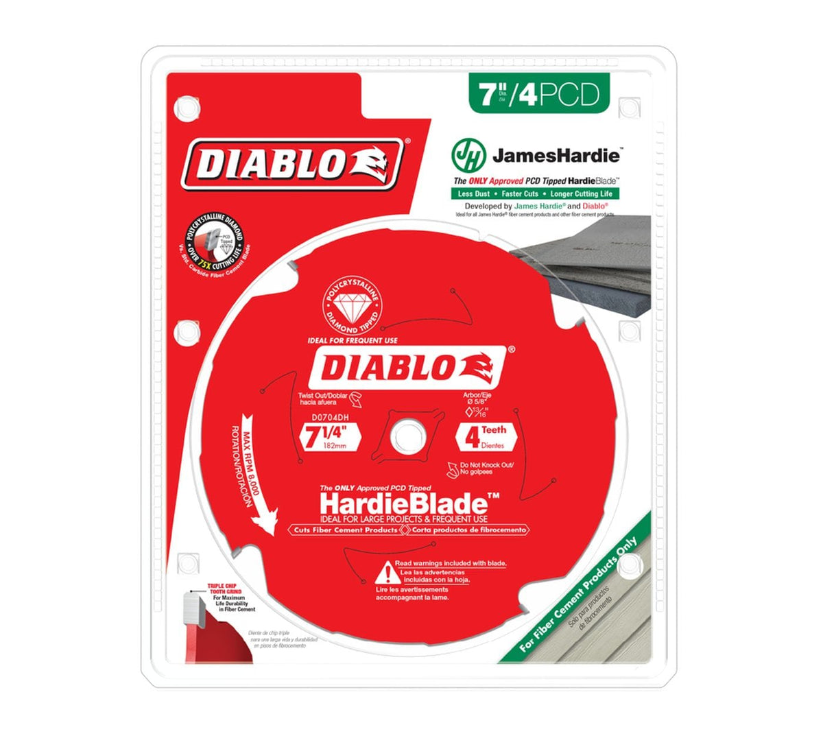 Vertical side profile view of the Diablo 7-1/4 inch HardieBlade D0704DHA, showcasing the red anti-friction coating, four Polycrystalline Diamond (PCD) teeth, and specialized chip ejector design for smooth cuts in fiber cement siding.
