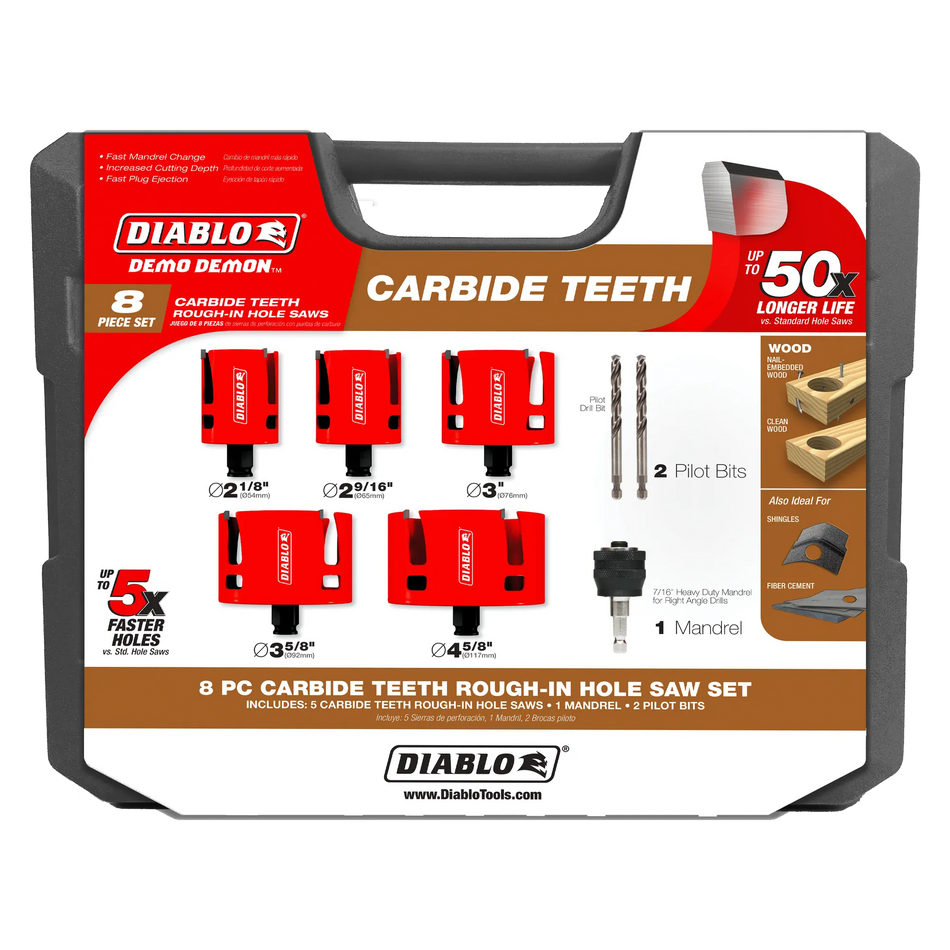 Diablo DHS08SCTR 8-piece carbide rough-in hole saw set with 5 cups up to 4-5/8 in. for boring through nail-embedded wood.