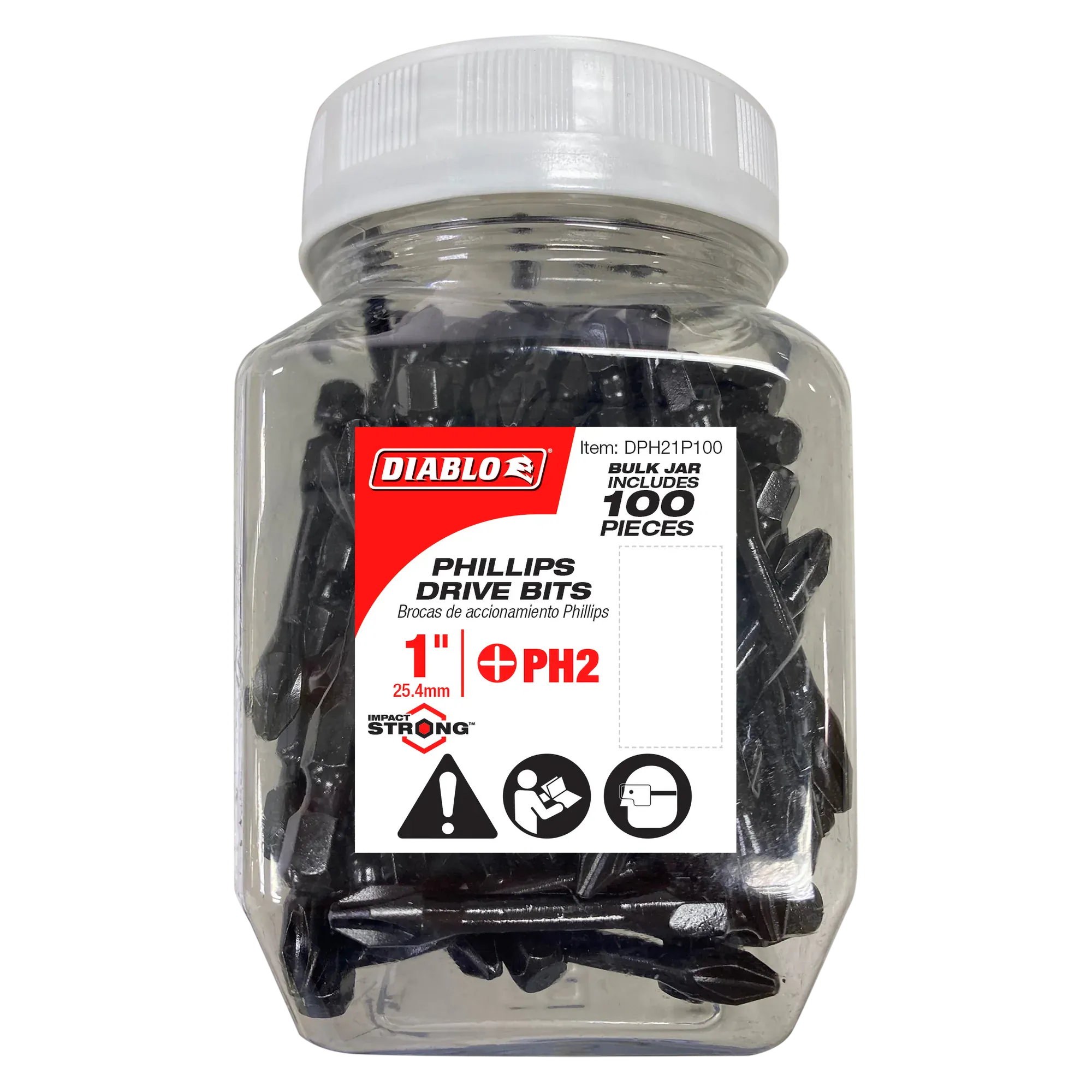 Diablo DPH21P100 1-inch PH2 Phillips drive impact driver bits bulk 100-piece jar. The clear plastic storage container features a white screw-top lid and a prominent red and white product label showing the Diablo logo, Impact Strong emblem, PH2 size indicator, and specific safety icons for high-torque fastener screwdriver accessory installation sets.