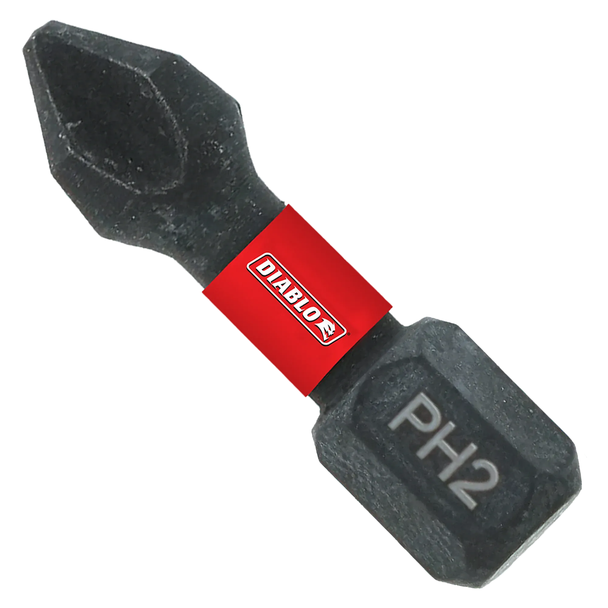A single Diablo 1-inch PH2 Phillips drive impact driver bit isolated on a white background. This torque-resistant steel screwdriver fastener installation bit features a 1/4-inch hex shank laser-engraved with PH2, an anti-slip torsion zone wrapped with a bright red band showcasing the white Diablo logo, and an optimized cross-recess Phillips drive tip engineered to prevent stripping and slippage.