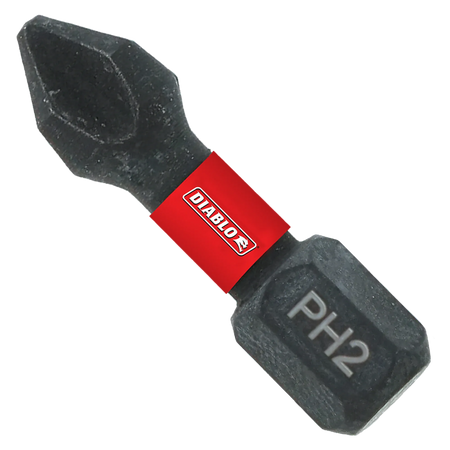 A single Diablo 1-inch PH2 Phillips drive impact driver bit isolated on a white background. This torque-resistant steel screwdriver fastener installation bit features a 1/4-inch hex shank laser-engraved with PH2, an anti-slip torsion zone wrapped with a bright red band showcasing the white Diablo logo, and an optimized cross-recess Phillips drive tip engineered to prevent stripping and slippage.