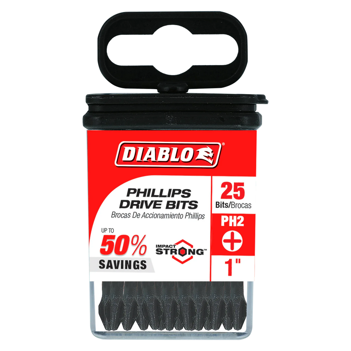 Diablo DPH21P25 1-inch PH2 Phillips drive impact driver bits retail product packaging. The clear plastic case contains a 25-pack of bits and features a red, black, and white label highlighting the Diablo logo, Impact Strong design, PH2 cross-recess tip profile size, 1-inch length specification, and an indication of up to 50 percent savings on bulk fastener installation screwdriver accessories.