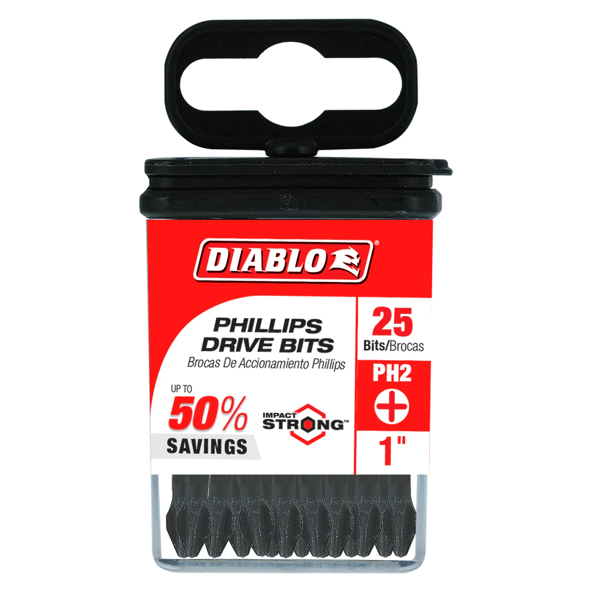 Diablo DPH21P25 1-inch PH2 Phillips drive impact driver bits retail product packaging. The clear plastic case contains a 25-pack of bits and features a red, black, and white label highlighting the Diablo logo, Impact Strong design, PH2 cross-recess tip profile size, 1-inch length specification, and an indication of up to 50 percent savings on bulk fastener installation screwdriver accessories.