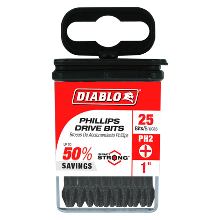 Diablo DPH21P25 1-inch PH2 Phillips drive impact driver bits retail product packaging. The clear plastic case contains a 25-pack of bits and features a red, black, and white label highlighting the Diablo logo, Impact Strong design, PH2 cross-recess tip profile size, 1-inch length specification, and an indication of up to 50 percent savings on bulk fastener installation screwdriver accessories.
