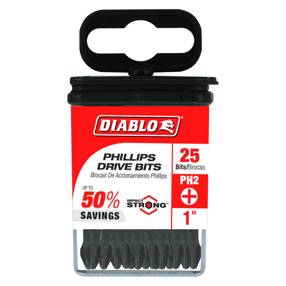 Diablo DPH21P25 1-inch PH2 Phillips drive impact driver bits retail product packaging. The clear plastic case contains a 25-pack of bits and features a red, black, and white label highlighting the Diablo logo, Impact Strong design, PH2 cross-recess tip profile size, 1-inch length specification, and an indication of up to 50 percent savings on bulk fastener installation screwdriver accessories.