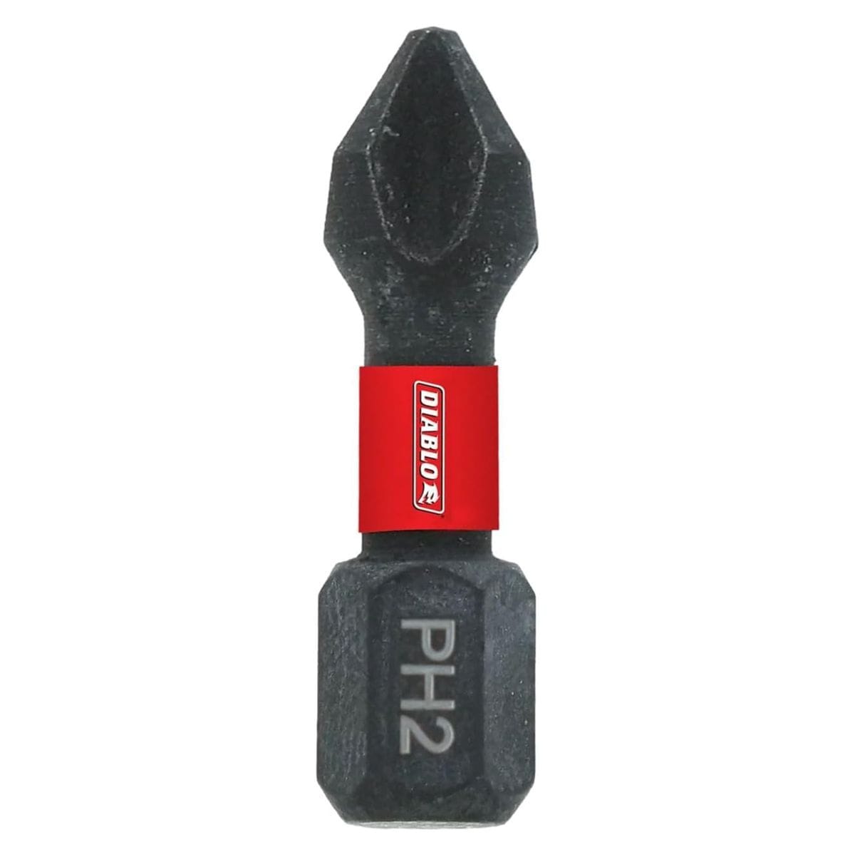 A close-up view of a single Diablo 1-inch PH2 Phillips drive impact driver bit oriented vertically against a solid white background. The impact-rated steel bit body shows its 1/4-inch hex shank with an engraved PH2 sizing indicator at the base, an integrated torque-absorbing center covered by a red sleeve featuring the Diablo brand name, and a precision-machined cross-recess tip for industrial screwdriving.