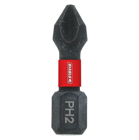 A close-up view of a single Diablo 1-inch PH2 Phillips drive impact driver bit oriented vertically against a solid white background. The impact-rated steel bit body shows its 1/4-inch hex shank with an engraved PH2 sizing indicator at the base, an integrated torque-absorbing center covered by a red sleeve featuring the Diablo brand name, and a precision-machined cross-recess tip for industrial screwdriving.