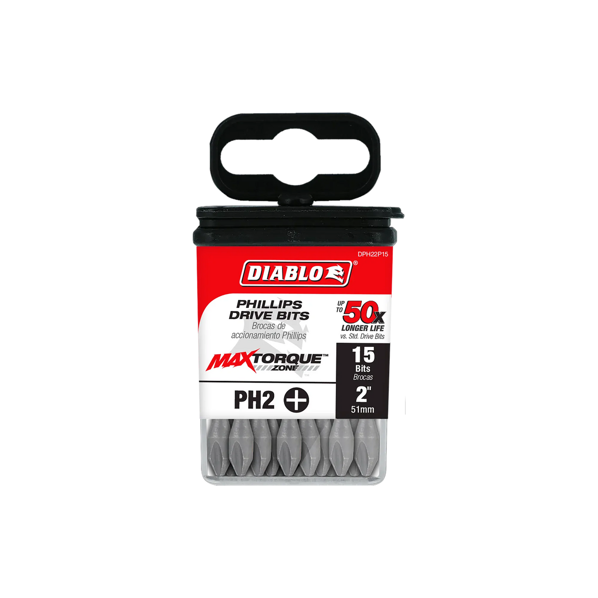 Diablo DPH22P15 2-inch PH2 Phillips drive impact driver bits retail product packaging. The clear plastic case contains a 15-pack of bits and features a red, black, and white label highlighting the Diablo logo, MaxTorque Zone technology, PH2 cross-recess tip profile size, 2-inch length specification, and 1/4-inch hex shank torque-resistant steel screwdriver bits for high-torque fastener installations.