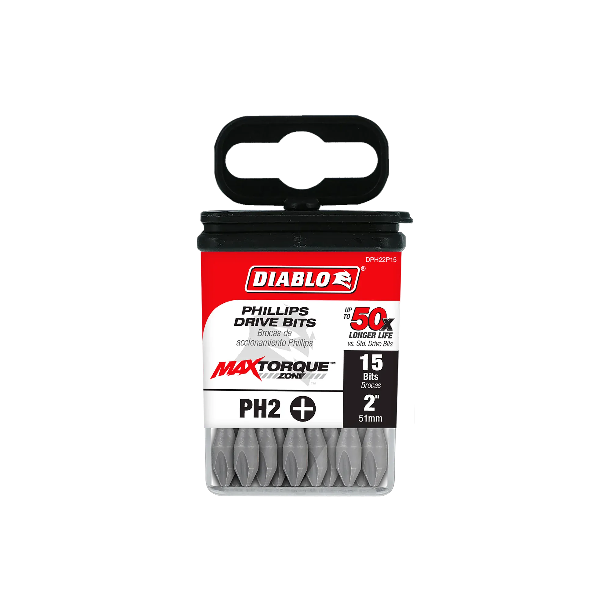 Diablo DPH22P15 2-inch PH2 Phillips drive impact driver bits retail product packaging. The clear plastic case contains a 15-pack of bits and features a red, black, and white label highlighting the Diablo logo, MaxTorque Zone technology, PH2 cross-recess tip profile size, 2-inch length specification, and 1/4-inch hex shank torque-resistant steel screwdriver bits for high-torque fastener installations.