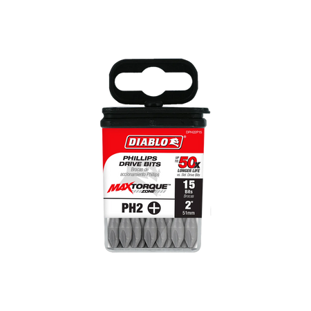 Diablo DPH22P15 2-inch PH2 Phillips drive impact driver bits retail product packaging. The clear plastic case contains a 15-pack of bits and features a red, black, and white label highlighting the Diablo logo, MaxTorque Zone technology, PH2 cross-recess tip profile size, 2-inch length specification, and 1/4-inch hex shank torque-resistant steel screwdriver bits for high-torque fastener installations.