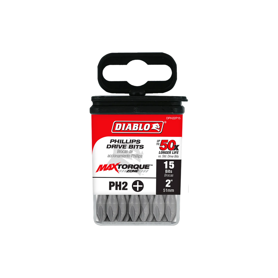 Diablo DPH22P15 2-inch PH2 Phillips drive impact driver bits retail product packaging. The clear plastic case contains a 15-pack of bits and features a red, black, and white label highlighting the Diablo logo, MaxTorque Zone technology, PH2 cross-recess tip profile size, 2-inch length specification, and 1/4-inch hex shank torque-resistant steel screwdriver bits for high-torque fastener installations.