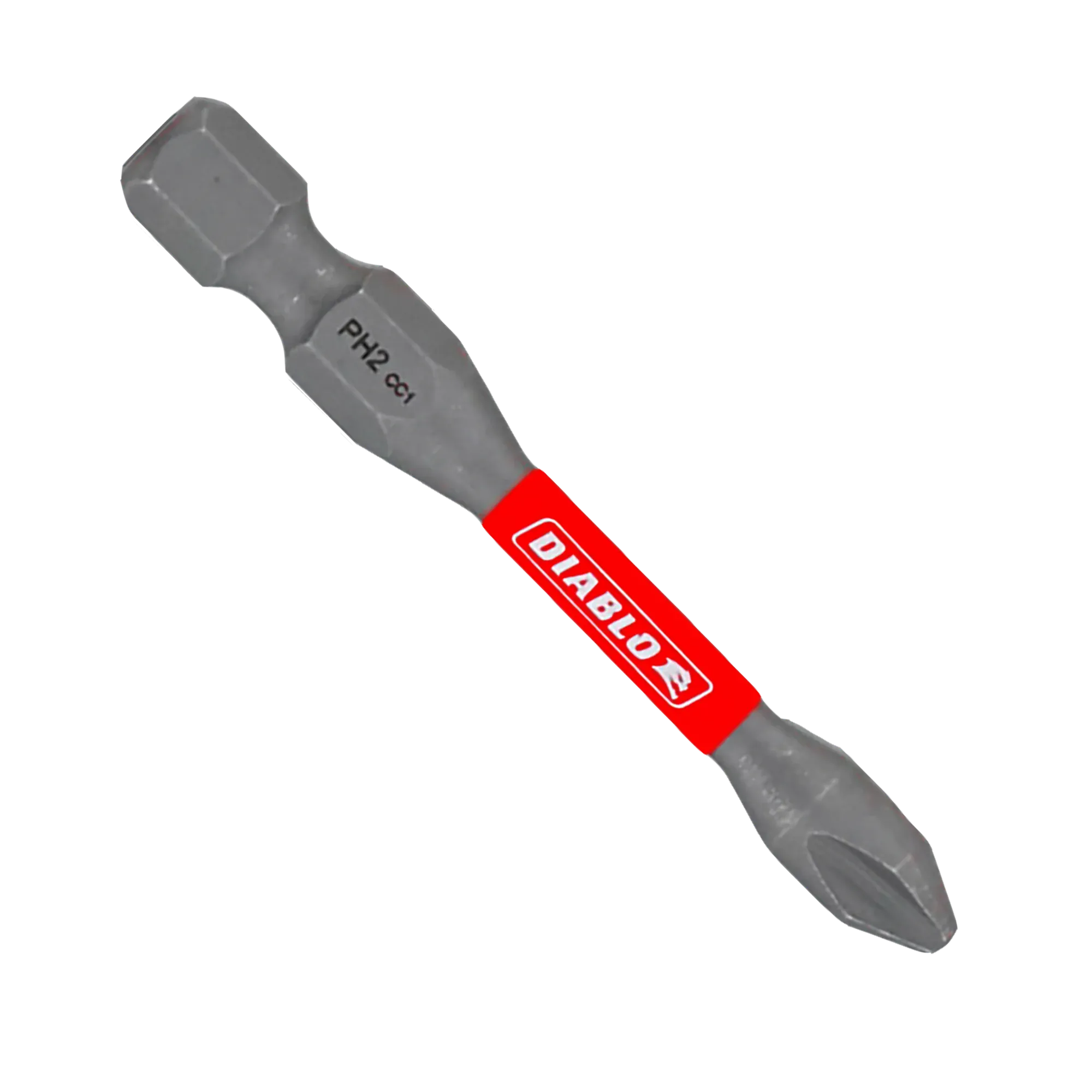 A single Diablo 2-inch PH2 Phillips drive impact driver bit isolated on a white background. This torque-resistant steel screwdriver fastener installation bit features a 1/4-inch hex shank laser-engraved with PH2 CC1, an anti-slip torsion zone wrapped with a bright red band showcasing the white Diablo logo, and an optimized cross-recess Phillips drive tip engineered to prevent stripping and slippage.