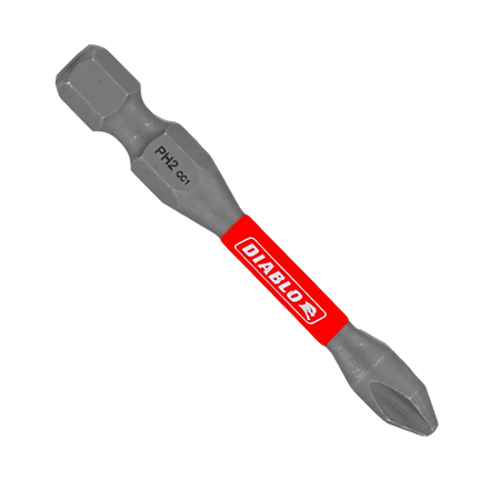 A single Diablo 2-inch PH2 Phillips drive impact driver bit isolated on a white background. This torque-resistant steel screwdriver fastener installation bit features a 1/4-inch hex shank laser-engraved with PH2 CC1, an anti-slip torsion zone wrapped with a bright red band showcasing the white Diablo logo, and an optimized cross-recess Phillips drive tip engineered to prevent stripping and slippage.
