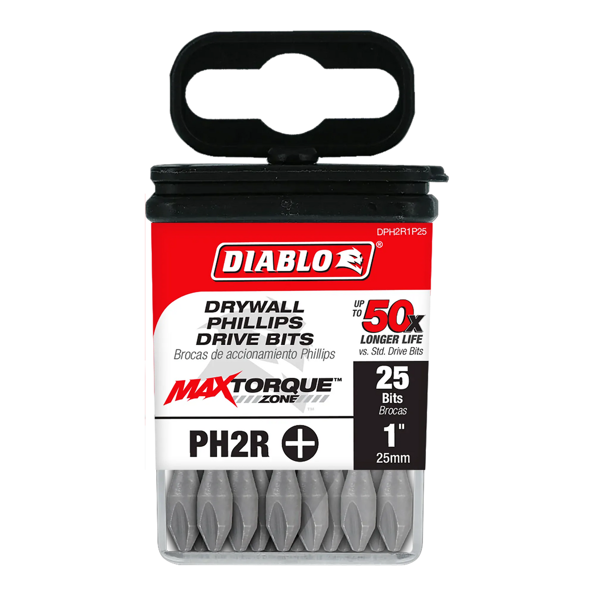 Diablo DPH2R1P25 1-inch PHR2 reduced Phillips drive impact driver bits retail product packaging. The clear plastic case contains a 25-pack of bits and features a red, black, and white label highlighting the Diablo logo, MaxTorque Zone technology, PH2R reduced tip profile size, 1-inch length specification, and 1/4-inch hex shank torque-resistant steel drywall screwdriver accessories.