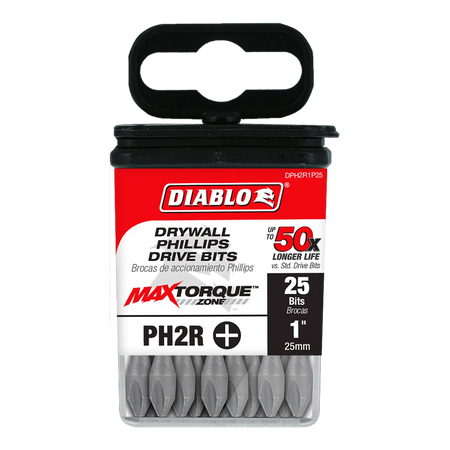 Diablo DPH2R1P25 1-inch PHR2 reduced Phillips drive impact driver bits retail product packaging. The clear plastic case contains a 25-pack of bits and features a red, black, and white label highlighting the Diablo logo, MaxTorque Zone technology, PH2R reduced tip profile size, 1-inch length specification, and 1/4-inch hex shank torque-resistant steel drywall screwdriver accessories.