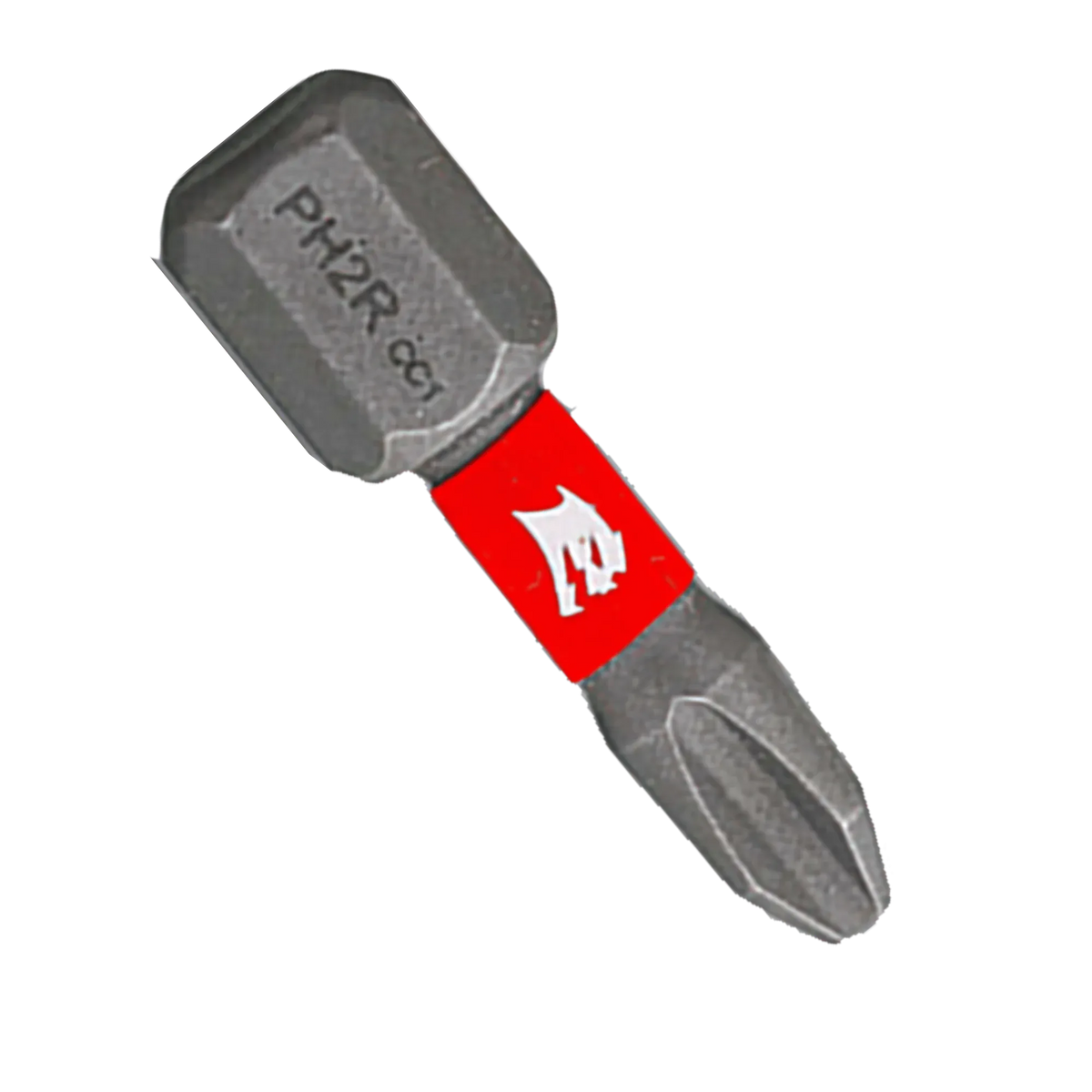 A single Diablo 1-inch PHR2 reduced Phillips drive impact driver bit positioned diagonally against a plain white background. This torque-resistant steel drywall fastener screwdriver bit features a 1/4-inch hex shank laser-engraved with PH2R CC1, an anti-slip torsion zone wrapped with a bright red band showcasing the white Diablo logo, and an optimized reduced cross-recess tip engineered to prevent stripping and slippage.