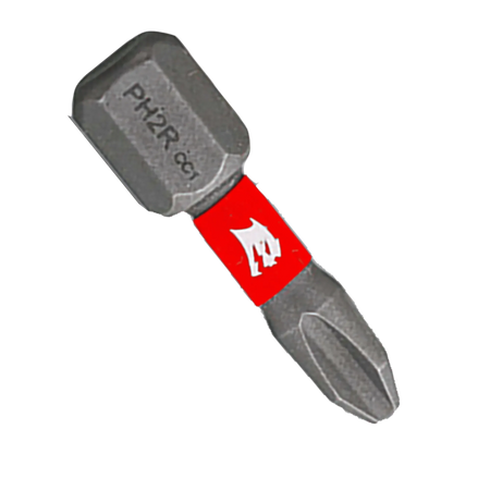 A single Diablo 1-inch PHR2 reduced Phillips drive impact driver bit positioned diagonally against a plain white background. This torque-resistant steel drywall fastener screwdriver bit features a 1/4-inch hex shank laser-engraved with PH2R CC1, an anti-slip torsion zone wrapped with a bright red band showcasing the white Diablo logo, and an optimized reduced cross-recess tip engineered to prevent stripping and slippage.