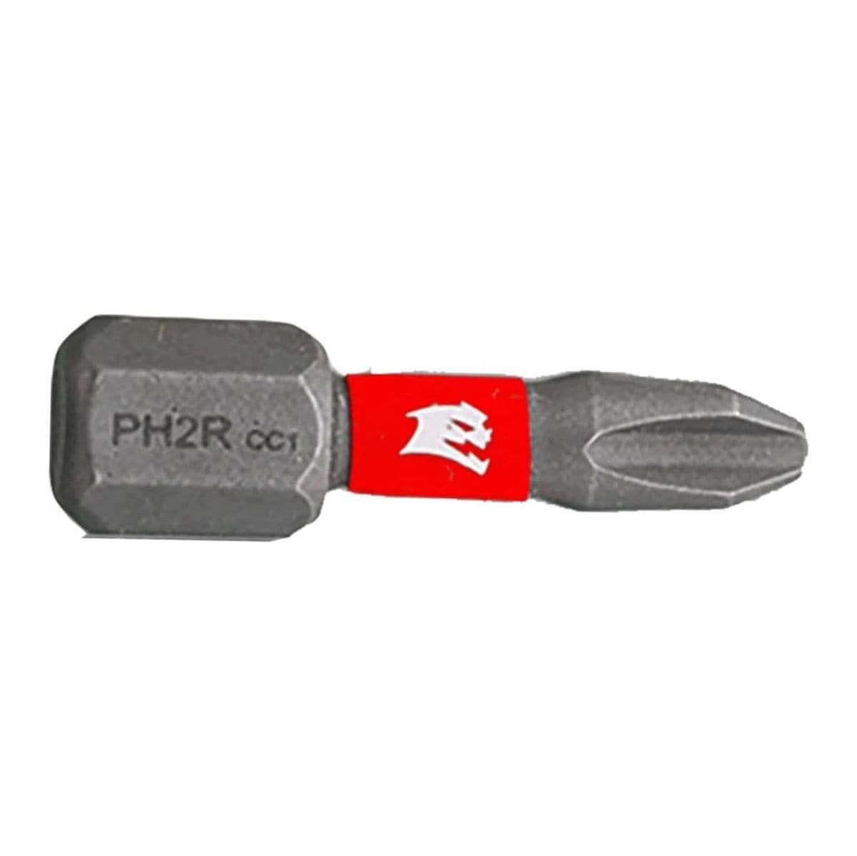 A single Diablo 1-inch PHR2 reduced Phillips drive impact driver bit oriented horizontally against a solid white background. The impact-rated steel bit body shows its 1/4-inch hex shank with an engraved PH2R CC1 sizing indicator at the base, an integrated torque-absorbing center covered by a red sleeve featuring the Diablo brand logo, and a precision-machined reduced-tip cross-recess design for drywall installation.