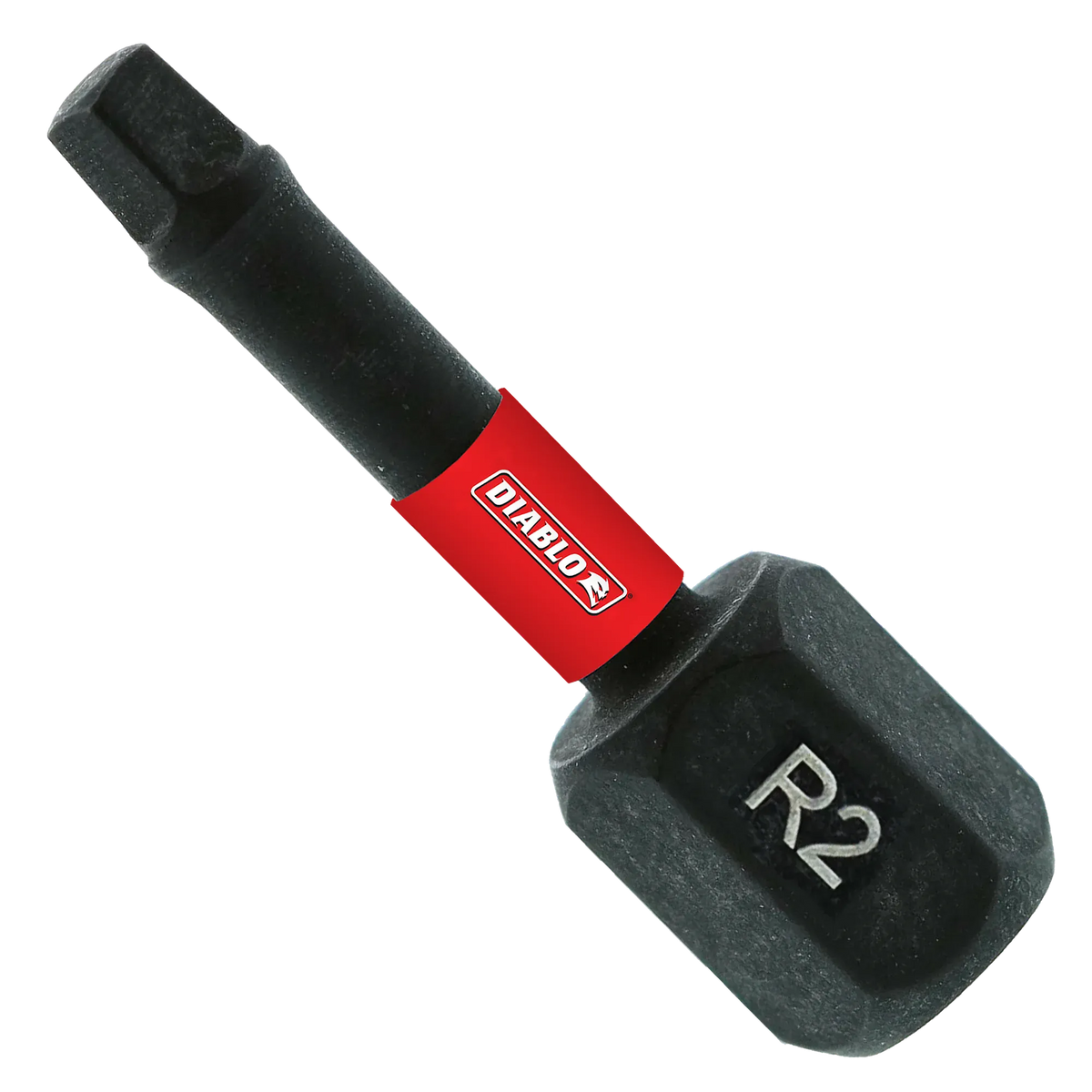 Diablo DSQ21P100 1 inch size 2 square drive impact driver bit made of black torque resistant steel with a 1/4 inch hex shank, featuring a red center band with the white Diablo logo and R2 engraved on the base.