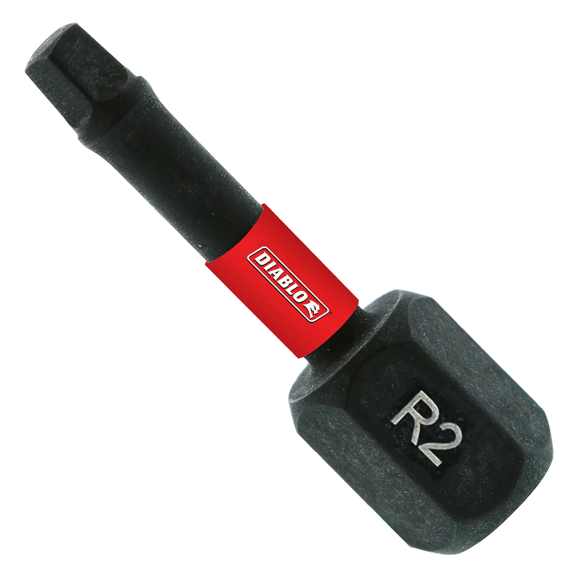 Diablo DSQ21P100 1 inch size 2 square drive impact driver bit made of black torque resistant steel with a 1/4 inch hex shank, featuring a red center band with the white Diablo logo and R2 engraved on the base.