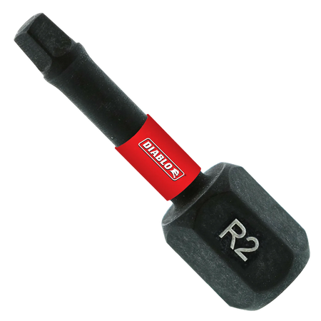 Diablo DSQ21P100 1 inch size 2 square drive impact driver bit made of black torque resistant steel with a 1/4 inch hex shank, featuring a red center band with the white Diablo logo and R2 engraved on the base.