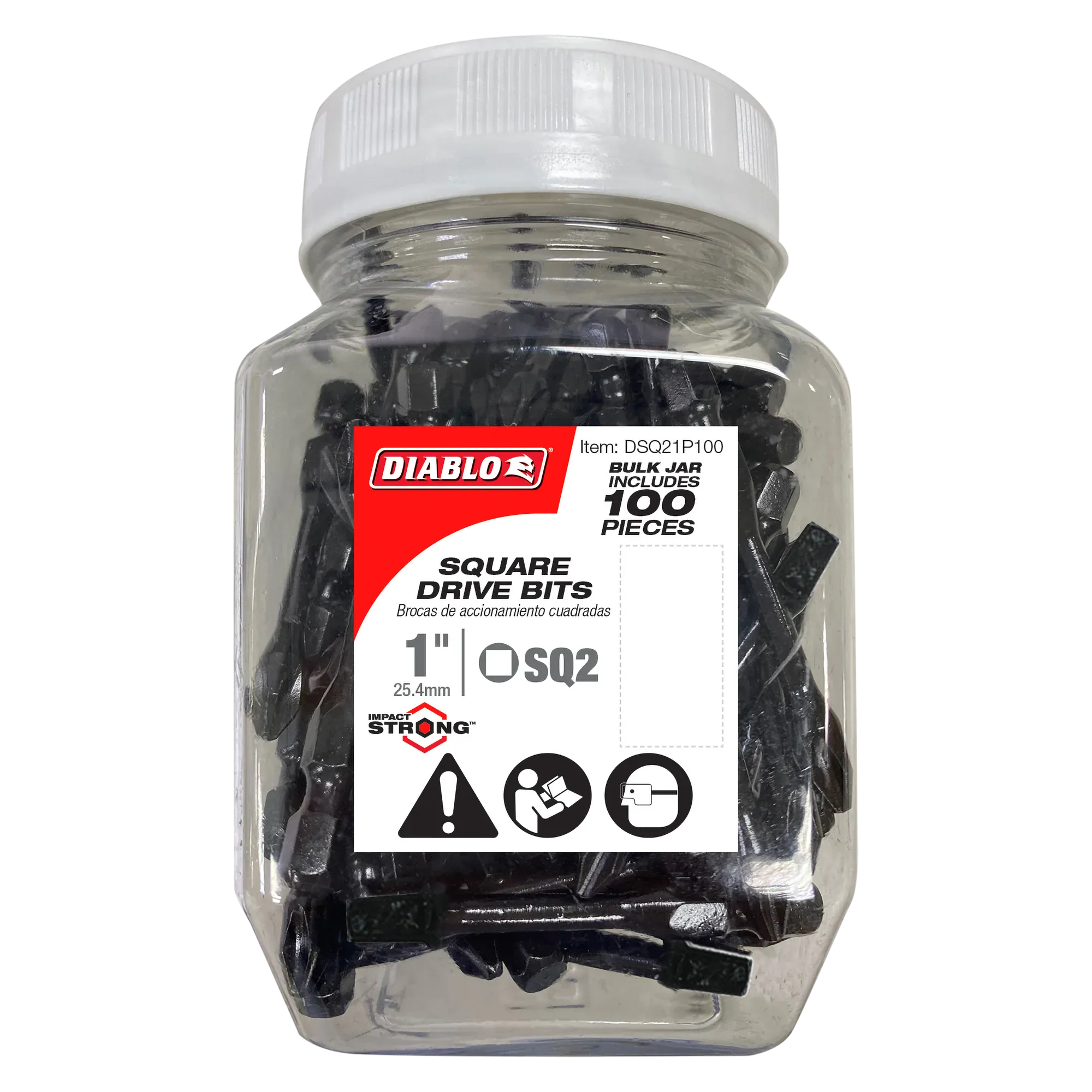 Clear plastic bulk jar containing a 100 pack of Diablo DSQ21P100 1 inch SQ2 square drive impact driver bits, featuring a red and white label displaying the product model, Impact Strong logo, and safety icons.