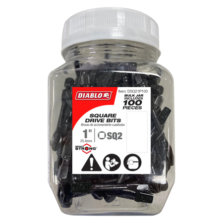 Clear plastic bulk jar containing a 100 pack of Diablo DSQ21P100 1 inch SQ2 square drive impact driver bits, featuring a red and white label displaying the product model, Impact Strong logo, and safety icons.